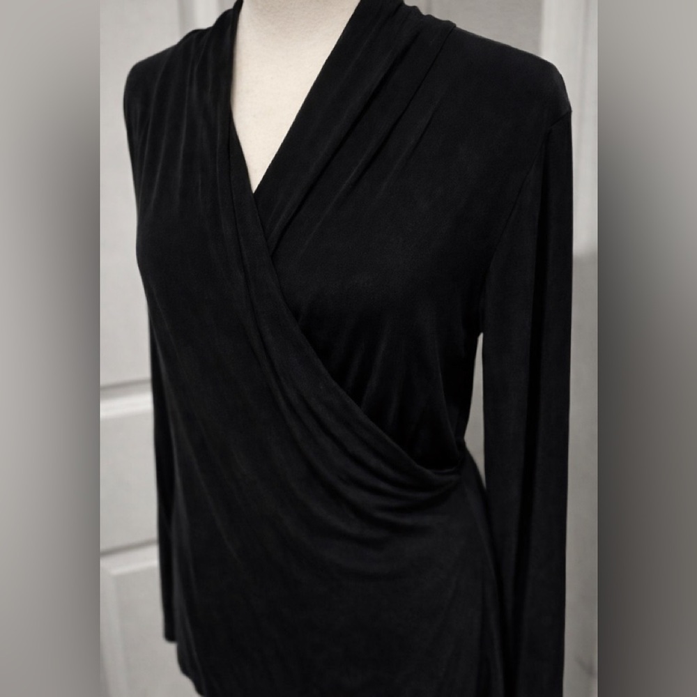 Chico’s Travelers Jet Black Surplice Wrap Top USA Made Sz S